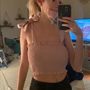 Baby pink ruffled tie strap crop top